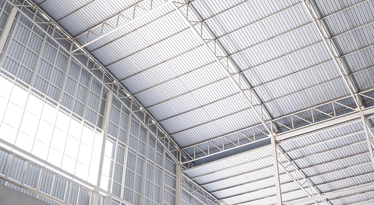 Interior view of corrugated metal roofing on a steel frame facility installed by metal roofing contractors in Alberta.