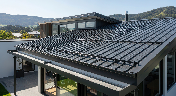 Modern residential steel roofing installed on a contemporary home featuring standing seam metal panels and snow guards.