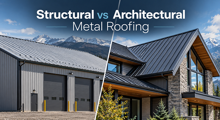 comparing structural metal roofing on a commercial warehouse against architectural metal roofing on a modern home